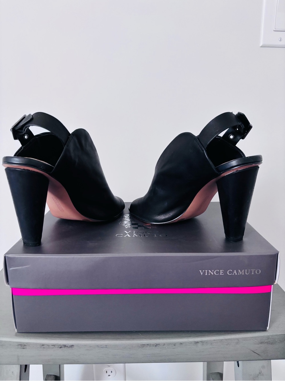 Vince Camuto Black Peep-Toe Slingback Heels with Ankle Buckle - Picture 5 of 7